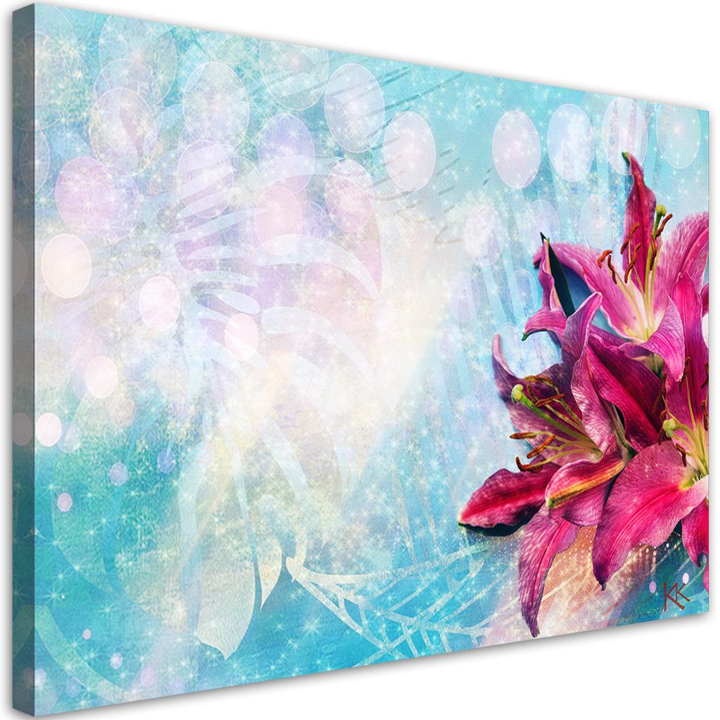 Canvas Print, Pink Flowers On a Blue Background