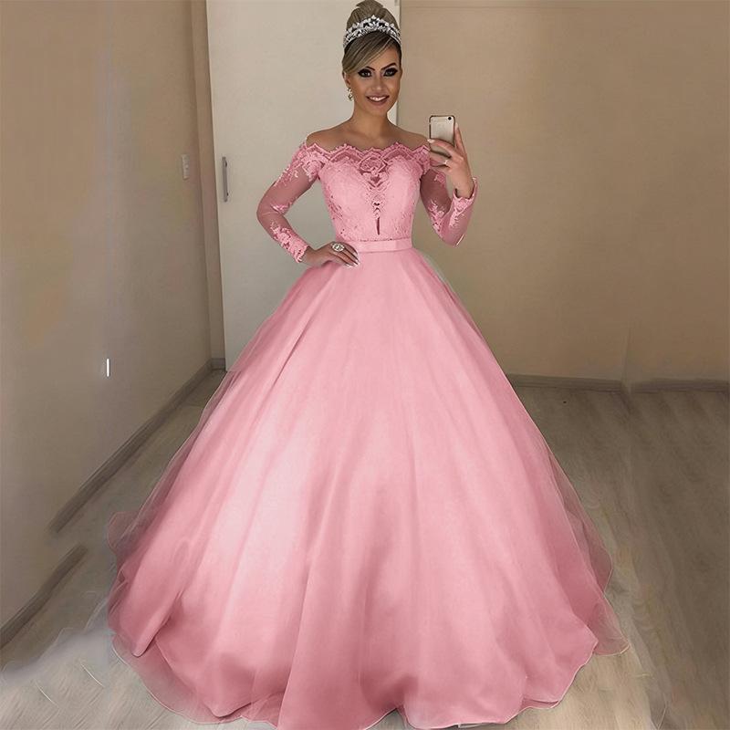 Elegant One-Shoulder V-Neck Slim European & American Wedding Dress with Fluffy Lace Train