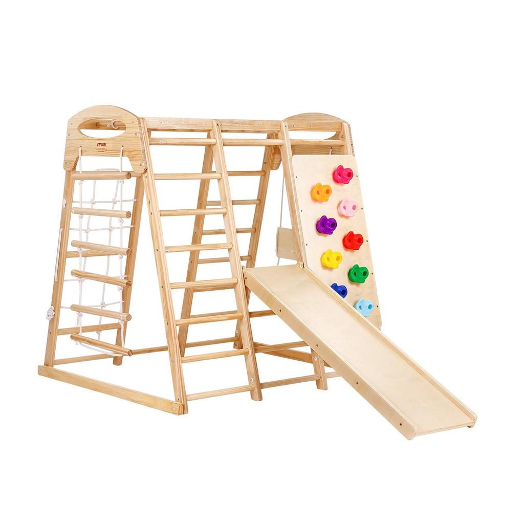 Indoor Jungle Gym, 7-in-1 Toddler Indoor Playground, 120 x 147 x 142 cm, with Wood and Rope Ladder, Net Ladder, Swing, Monkey Bar, Slide, Climbing
