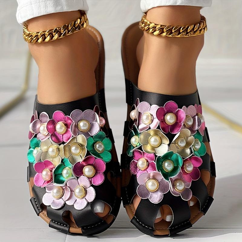

Женские шлепанцы с декором из искусственного жемчуга и 3D цветочным узором, легкие шлепанцы без шнуровки для отдыха с закрытым носком, пляжные шлепанцы с половинным сопротивлением 40 чёрный