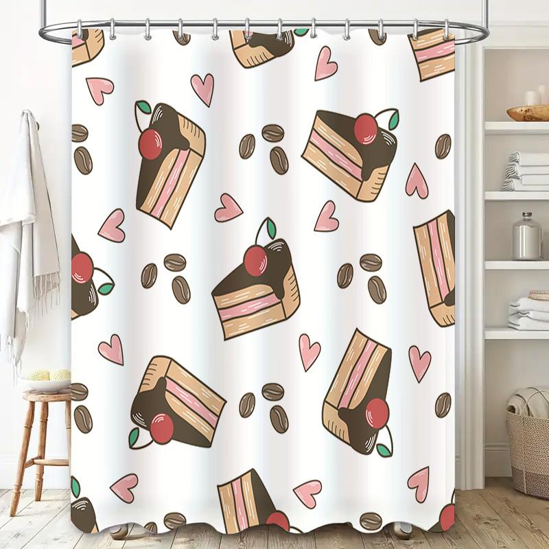 Vintage Cake Slice Shower Curtain with Cherry and Coffee Beans Print Waterproof Fabric for Bathroom Decor (White)