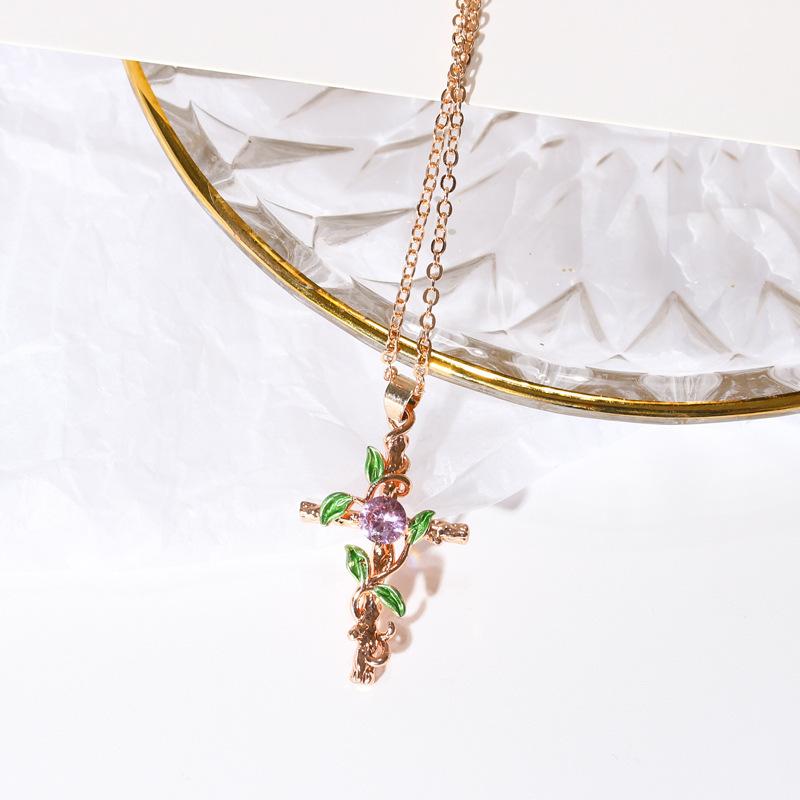 New Necklace Creative Leaf Wrapped Cross Pendant Charm Women's Diamond Clavicle Chain
