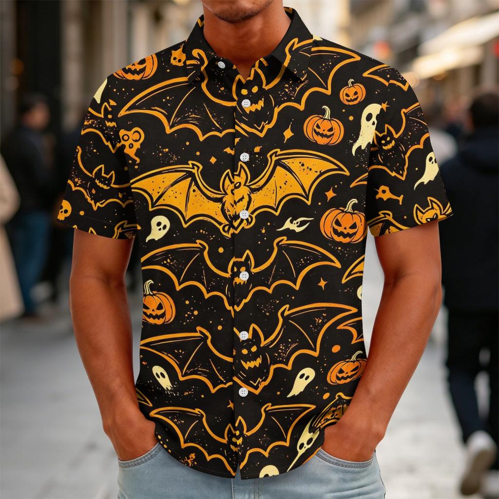 Men's Halloween Print Vintage Texture Button Down Cardigan, Loose Fit Breathable Summer Streetwear Casual Shirt