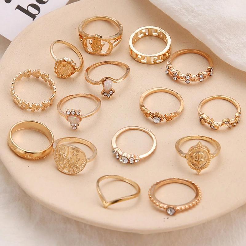 15Pcs Vintage Rings Set For Women Fashion Cross Floral Palm Pattern Crystal Geometric Rings Trendy Finger Jewelry Gifts New