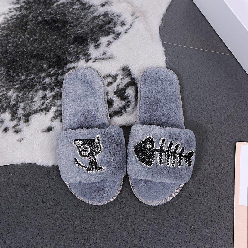 Fashion Fashion Crystal Cartoon Cat Fur Slippers Women Comfort Faux Fur Cotton Slippers Woman Winter Open Toe House Plush Slides Mujer