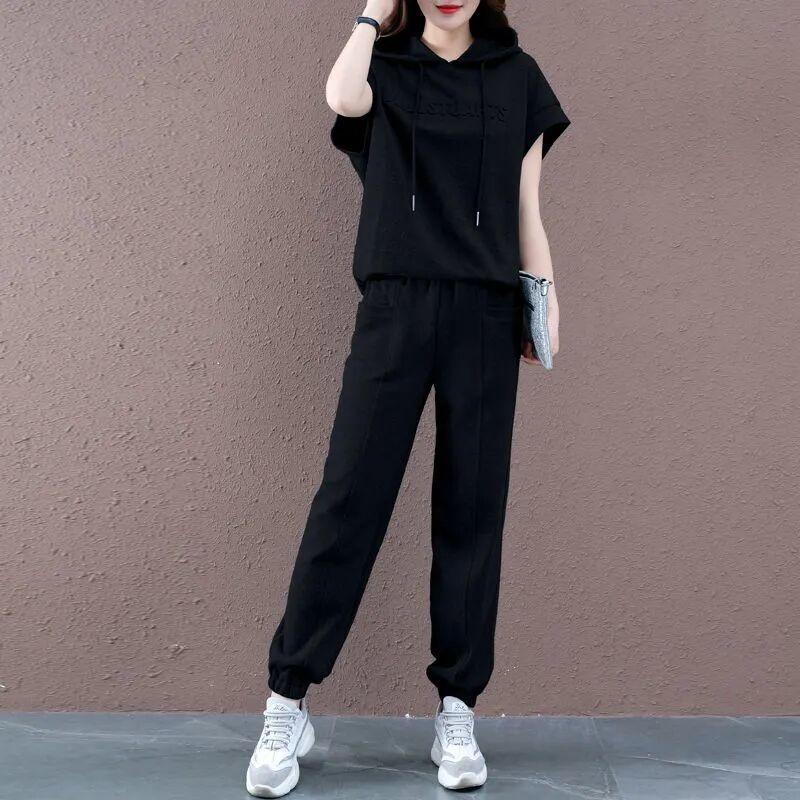 Women's Casual Sports Suit Summer New Solid Color Loose Hooded Short Sleeved Sweater Pants Two Piece Set Plus Size Outfits
