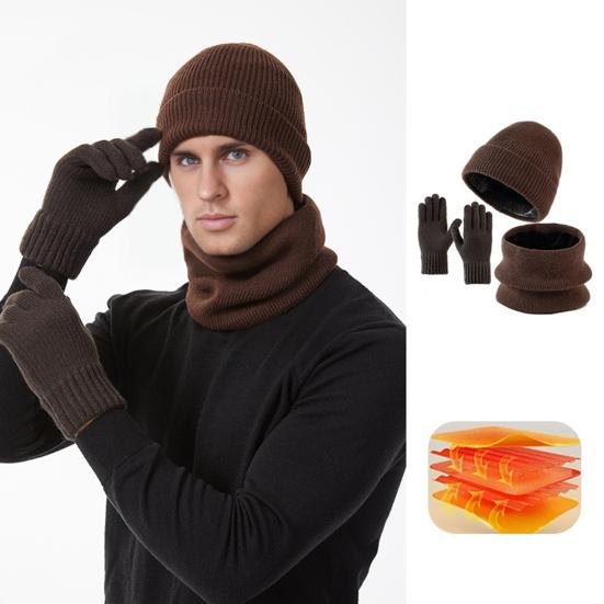 3Pcs/Set Winter Hat Scarf Gloves Set Solid Color Windproof Brimless Hat Neck Warmer Touch Screen Gloves Set