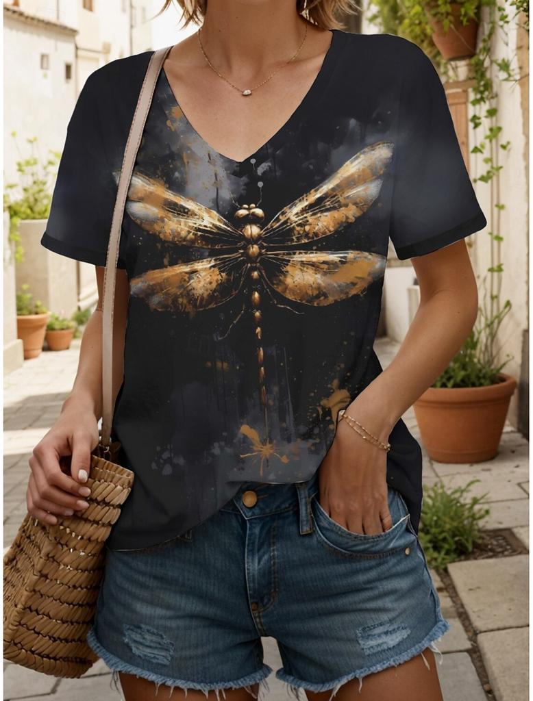 Damen T-Shirt Grafik Tier Vintage Stilvoll Klassisch Kurzarm V-Ausschnitt Regulär Oberteile Täglicher Druck Damenkleidung Oberteile für Damen