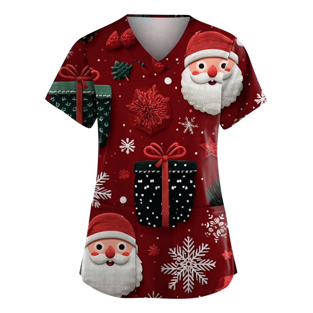 Women's Fashion V-Neck Short-Sleeved Workwear With Pockets Christmas Print Top Caregiver Uniform