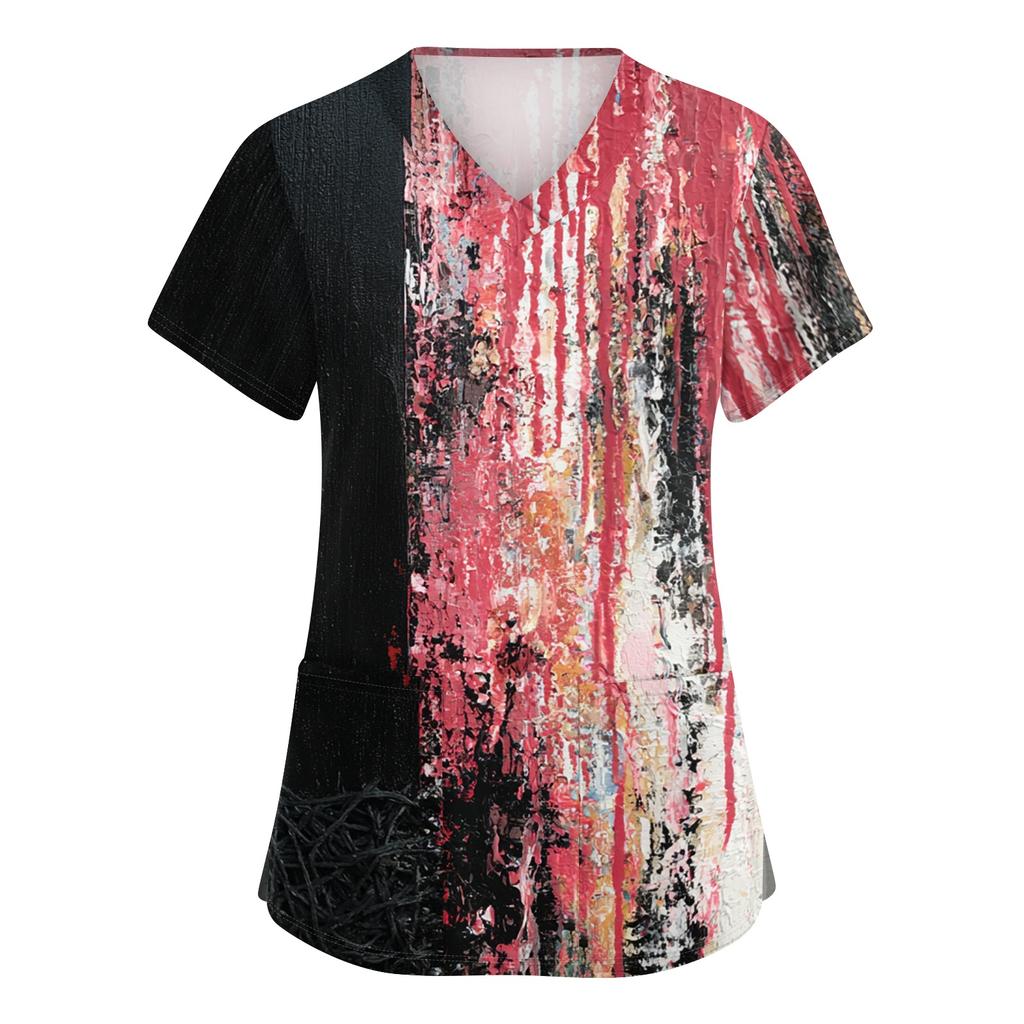 Women's V-Neck Short Sleeve Scrub Top with Pockets Halloween Print for Work