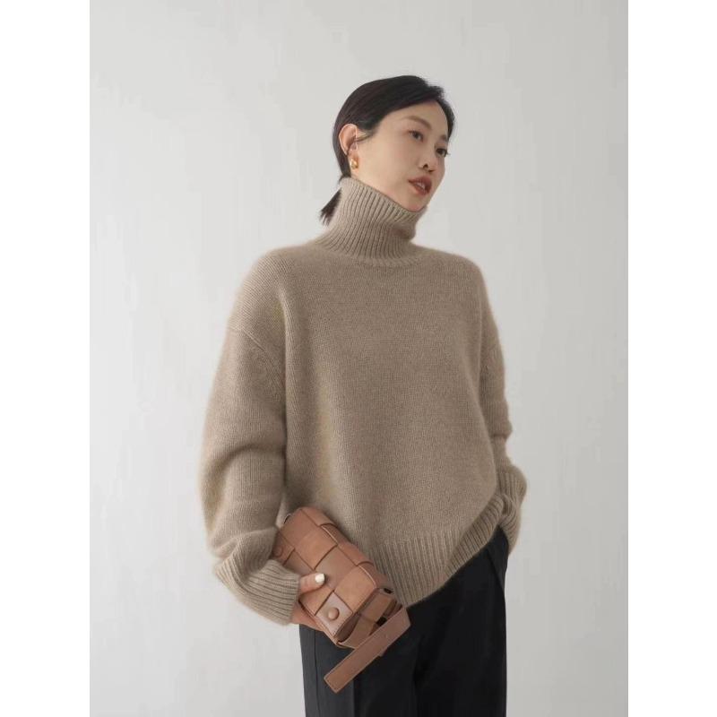 

Женский свободный вязаный свитер-пуловер, осенне-зимний, толстый, полувысокий воротник, однотонные свитера, элегантные, винтажные, женские, повседневные, тонкие, базовые джемперы 25560 One Size верблюд