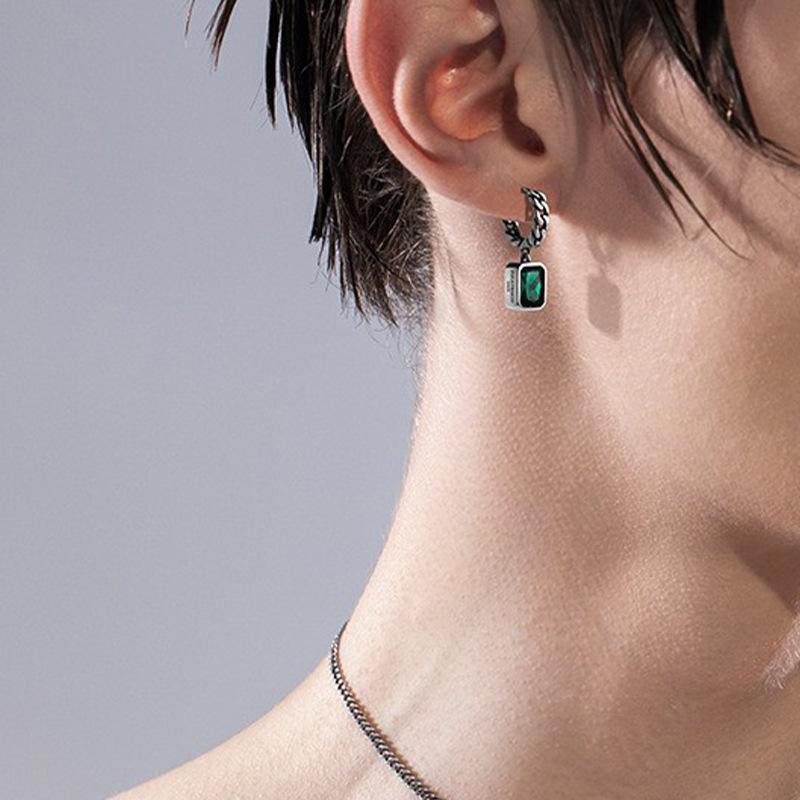 Geometric Square Green Zircon Earrings Earrings Women'S Retro Fashion Temperament Hip Hop S Ear Buckle Earrings Tide