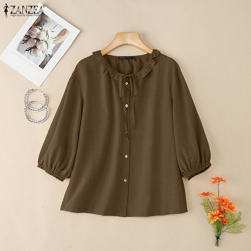 ZANZEA Women Casual Round Neck Loose 3/4 Sleeve Plain Blouse