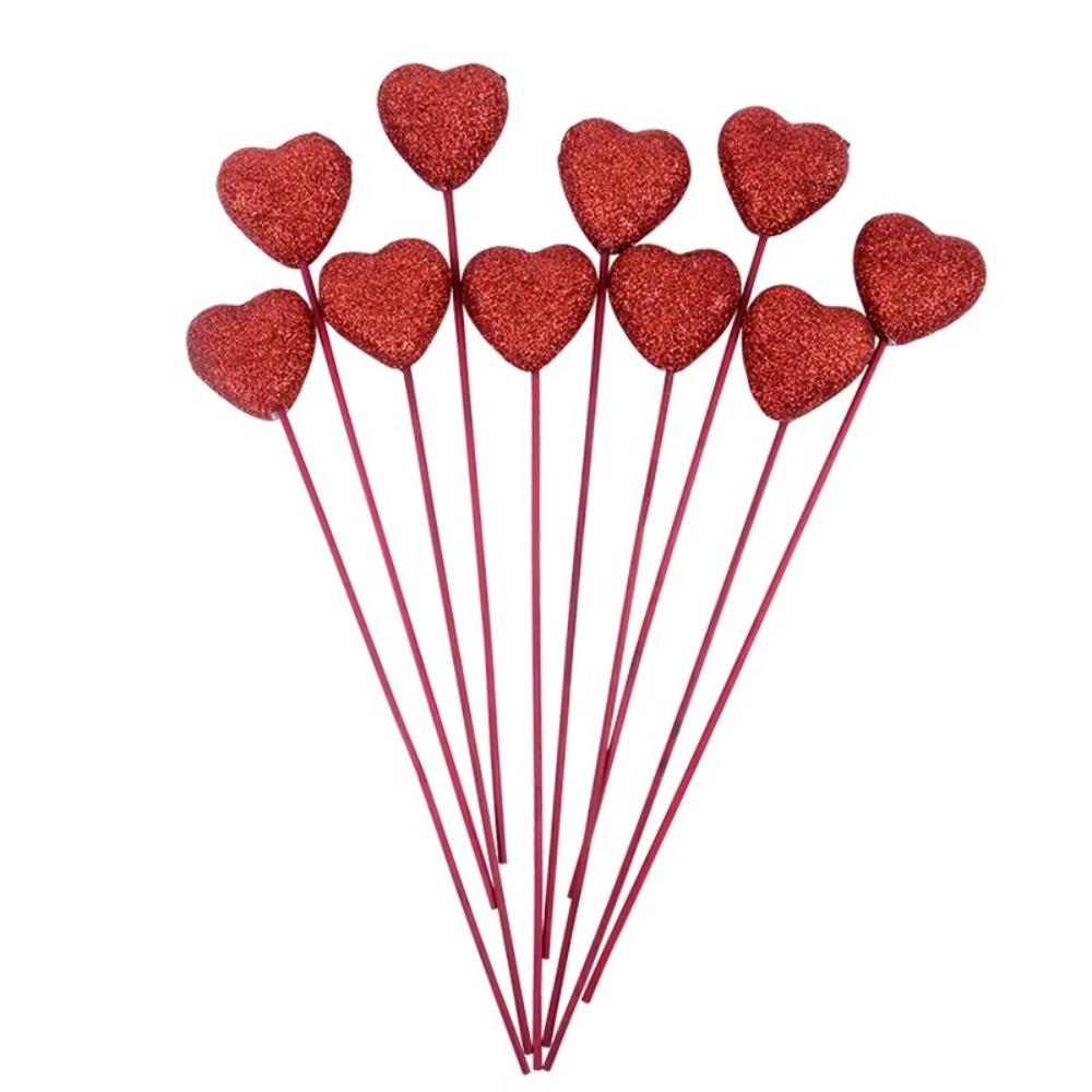 10pcs Reusable Glitter Hearts Stick Foam Flower Bouquet Red Heart Branch DIY Vase Pick Stick Wedding Accessory