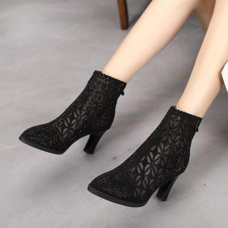 Spring and Summer High Heel Single Boots Women's Hollow Mesh Boots Thick Heel Mesh Cool Boots Martin Boots Breathable Mesh Shoes Pointed Tip