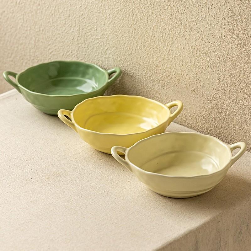 Solid Color Handmade Binaural Bowl Anti-Scalding Hand Japanese Irregular Bowl Ceramic Vegetable Bowl Soup Bowl Salad Bowl Household Tableware