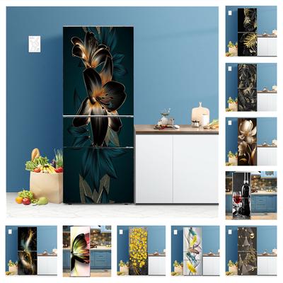 Luxe koelkaststickers deurafdekking zelfklevend vinyl koelkaststicker zwarte bloembehang vriezer decoratieve filmposter
