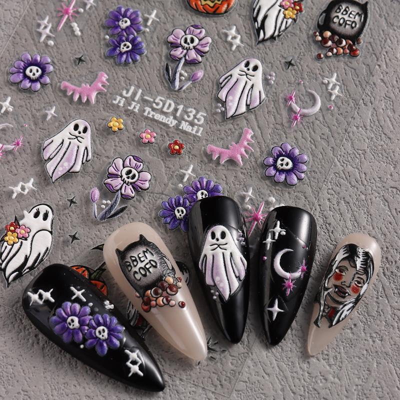 1 Feuille Autocollante Décalcomanies pour Ongles Autocollants Halloween 5D texturés pour Ongles avec Motifs Fantôme Citrouille Sorcière Curseur Manucure
