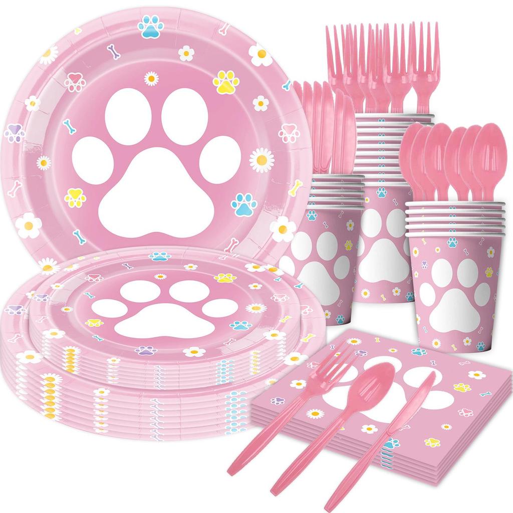 Blue and Pink Dog Paw Birthday Party Disposable Tableware Set
