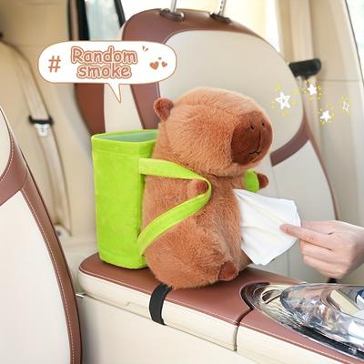Boîte à mouchoirs pour voiture 2 en 1 - Poubelle - Motif Capybara en peluche - Sac de rangement créatif - Accoudoir - Boîte de rangement - Accessoires d'intérieur de voiture
