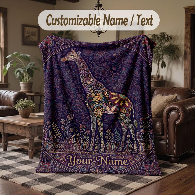 Giraffe Art Deco Poster Theme Throw Blanket Custom Name Text Personalized Blanket Soft Cozy Blanket for Home Sofa Bed