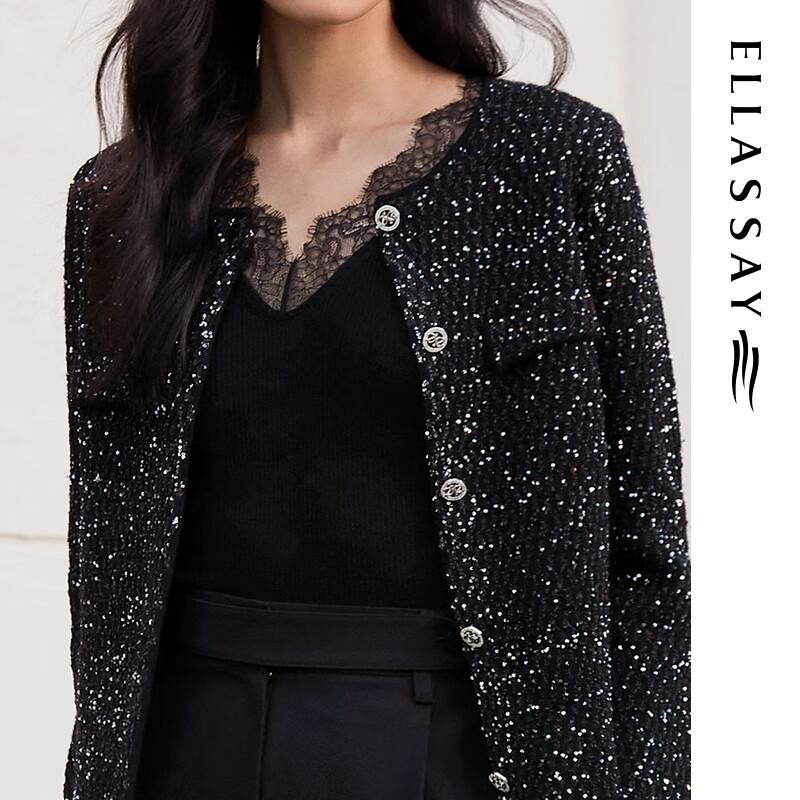 ELLASSAY 2025 Autumn Women's 100% Merino Wool Lace Trim V-Neck Knit Sweater