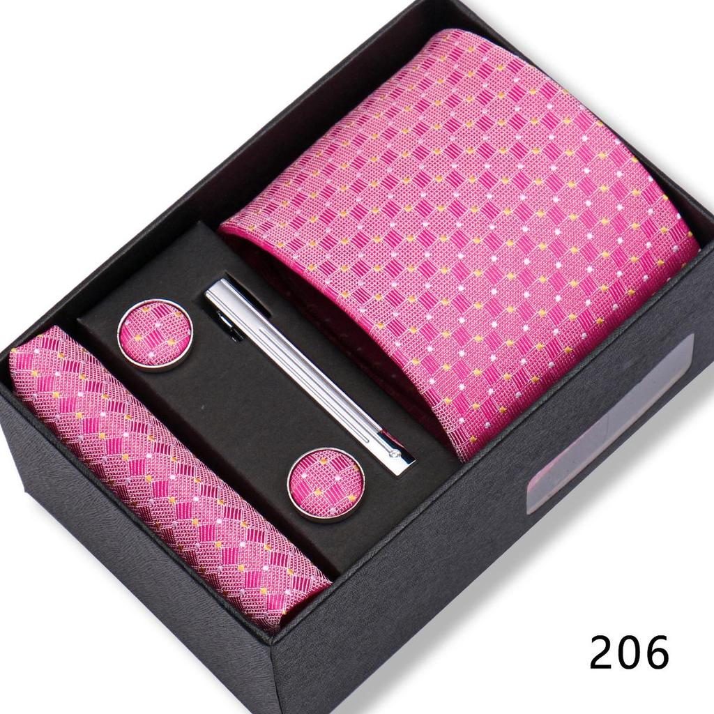 Men's Black & Wine Red Striped Plaid Tie Set with Pocket Square - Formal Wedding Gift Box