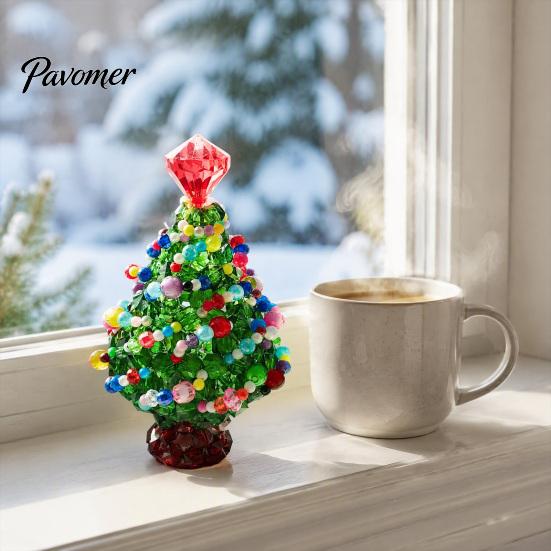 Decorative Holiday Charms Handmade Beaded Christmas Tree Ornament, Sparkly Crystal Bead Mini Art for Holidays Tabletop Decor, Hand-Woven Xmas Desktop
