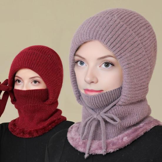 Gestrickte Wollmütze mit Schnürung zur Anpassung, Samtfutter, Gesichts- und Nackenschutz, Reitkopfbedeckung, Winterwärmemütze