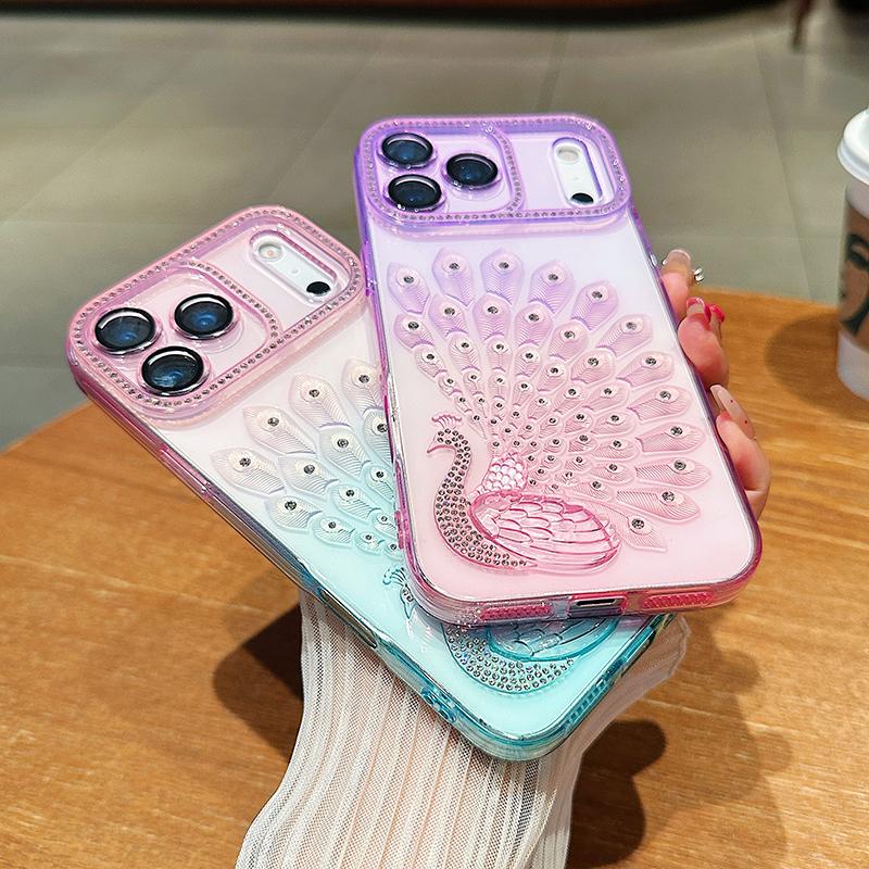Gradient Point Diamond Colorful Peacock Soft Shockproof Phone Case For iPhone 17 Pro Max 15 14 13 16 Pro Max Bumper Back Cover