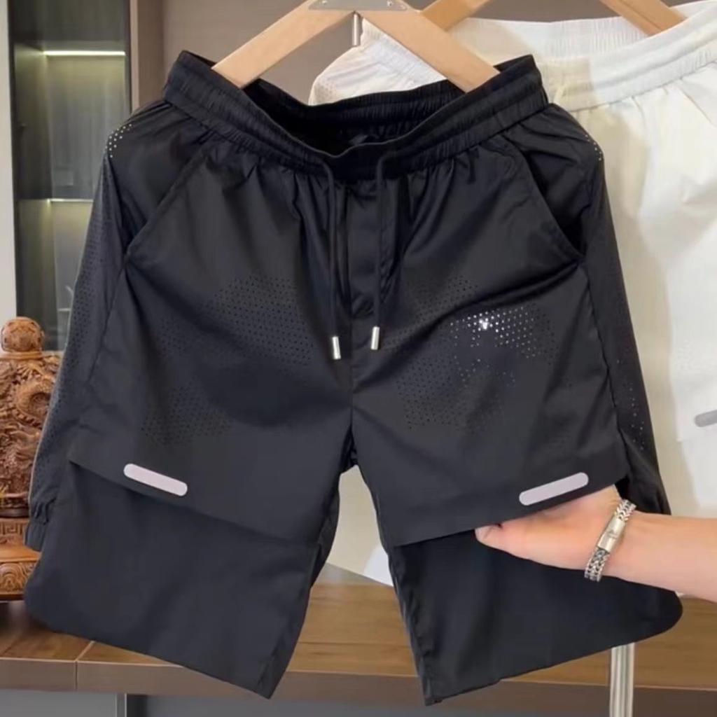 Summer Men's Breathable Perforated Ice Silk Short Sleeve Shorts Set Loose Quick Drying Sports Two Piece Set