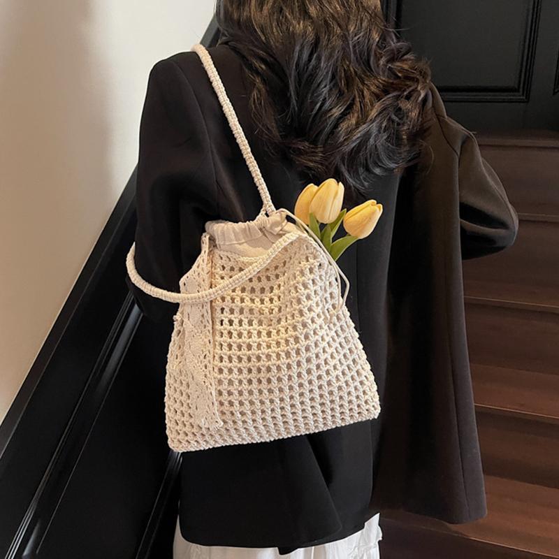 Natural Crochet Shoulder Bag for Women - Large Capacity Handwoven Beach Bag with Scarf, Summer Fashion Shopper Tote