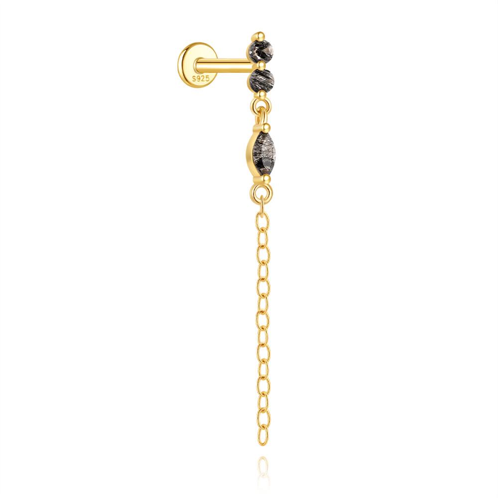 AIDE 1PC Black Rutilated Quartz Flat Head Threaded Puncture 925 Silver Earring For Women Gleaming Rainbow Zircon Studs