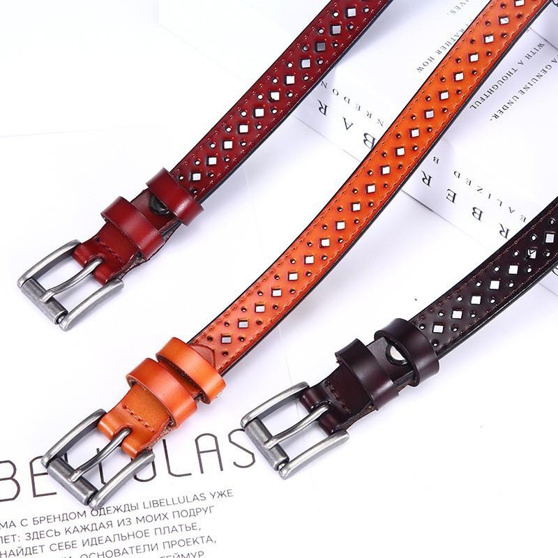 Mei Mary Cowhide belt women's genuine leather easiest for matchcut out decorative jeans belt no punching thin belt