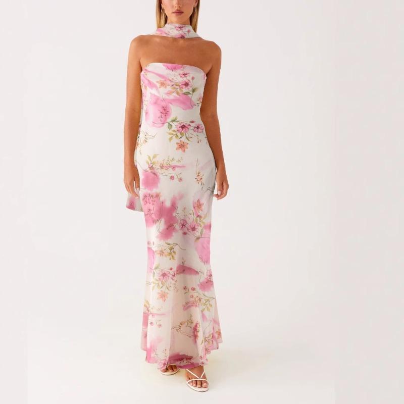 Europe, America, Amazon Spring and Summer New Temperament Socialite Satin Backless Tube Top Digital Printing Dress