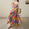 Cotton and Linen Printed Patchwork Long Skirt with Suspender and Large Cake Skirt for Women