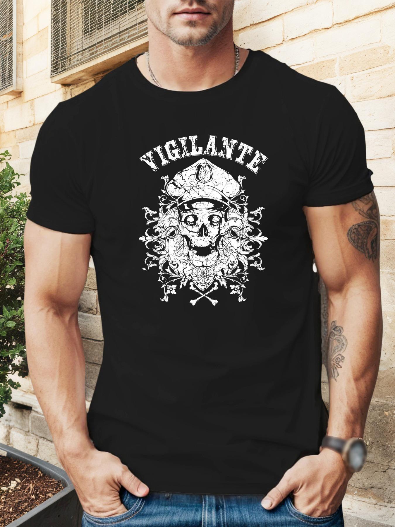 VIGILANTE Skull Graphic T-shirt - Black Casual Summer Tee with White Print XXXXL
