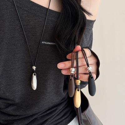 Minimalist Metal Water Drop Shaped Pendant Necklace for Women Simple Adjustable Long Black Rope Sweater Chain Fashion Jewerly