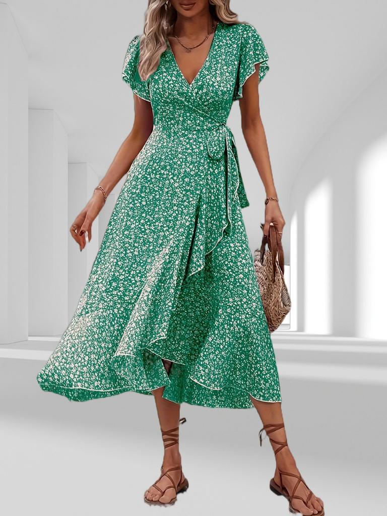 European and American summer floral new vacation short-sleeved temperament waist v-neck wrap dress