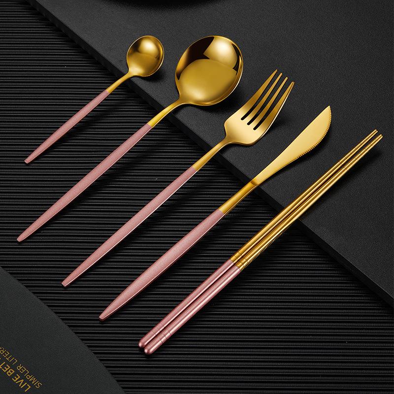 5-piece Stainless Steel Tableware Set Household Black Gold Chopsticks Spoon Green Gold Tableware Set Red Gold Luxury Tableware Set