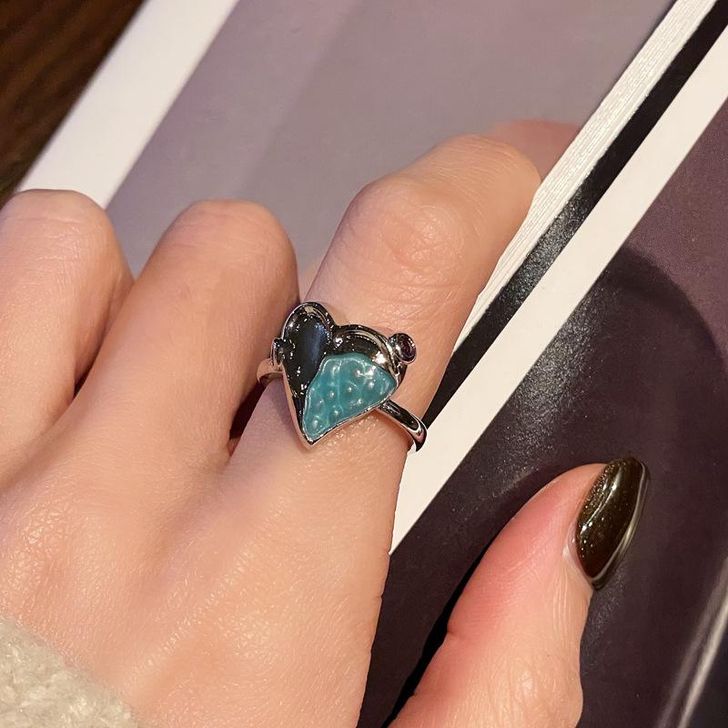 Sea Blue Fashion Dripping Oil Niche High-End Open Ring Zircon Light Luxury Love Accessories Women