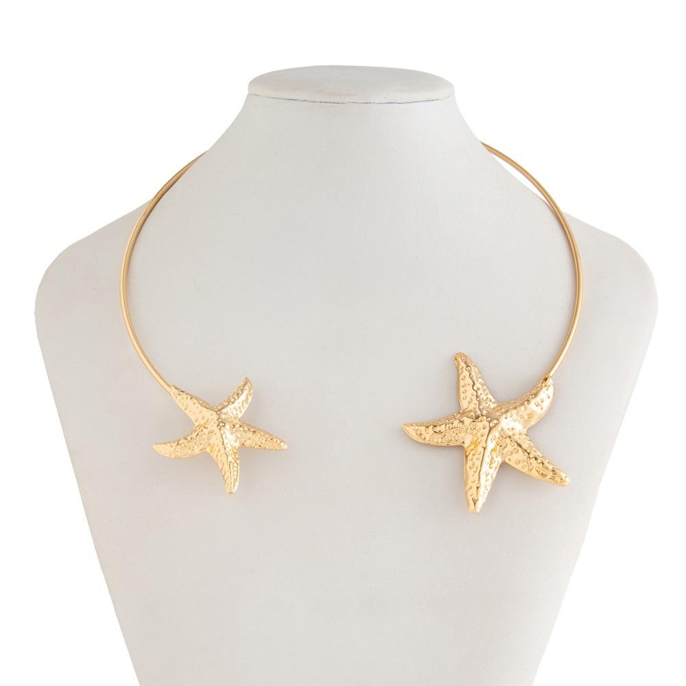 Gold Color Open Torque Necklace Metal Choker Necklace Starfish Shell Pendant Necklace  Beach