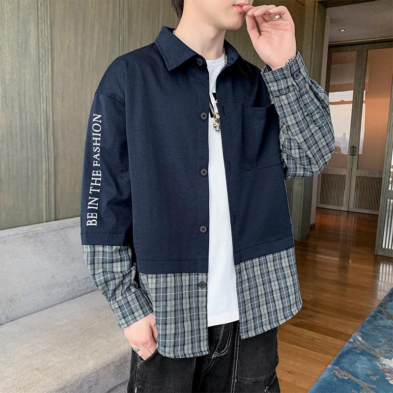 Men's Black Patchwork Striped Shirt, Casual Long Sleeve Button Down Color Block Top for Daily Wear