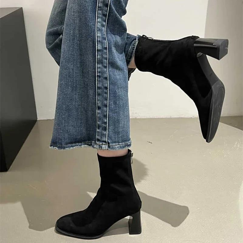 Mode Damen Stretch Stiefeletten Mode Elegant Modern Schmal Kurze Stiefeletten Herbst Winter Damen Reißverschluss hinten Schuhe