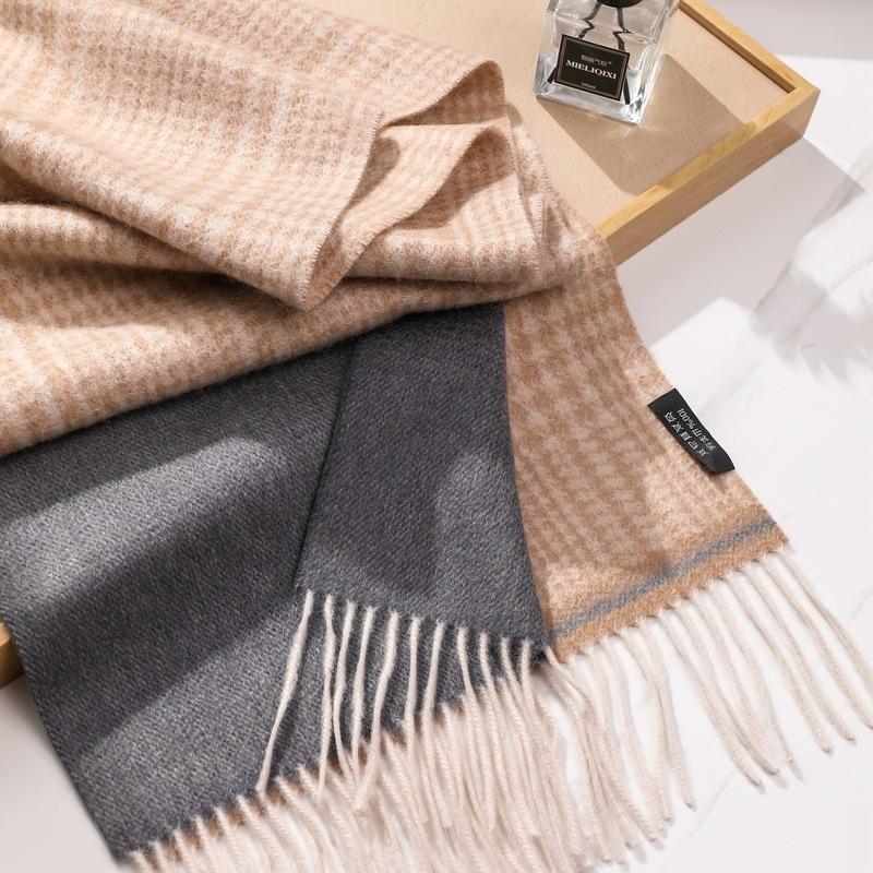 Autumn and winter new water ripple pure cashmere scarf women's luxury thousand bird grid gradual change shawl with thickened fringed scarf