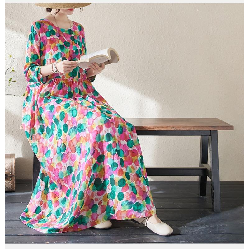 DIMANAF 2024 Rochie de primăvară mărime Plus pentru femei, rochie boemă ocazională cu imprimeu floral, rochie lejeră pentru plajă, decolteu O, verde, femeie