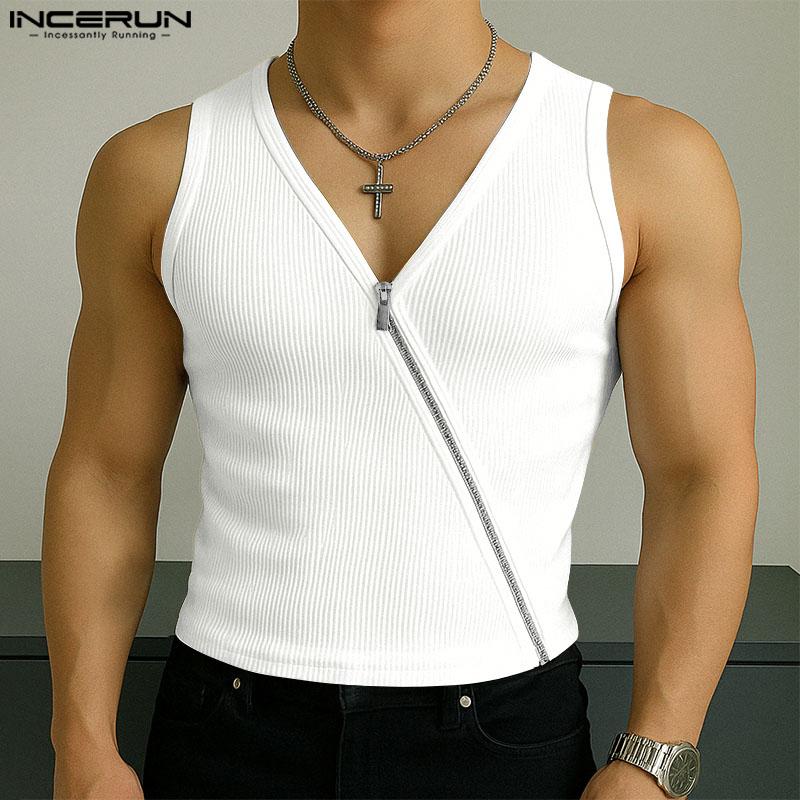 INCERUN Men V Neck Sleeveless Zip-up Casual Fitted Rib Tank Tops