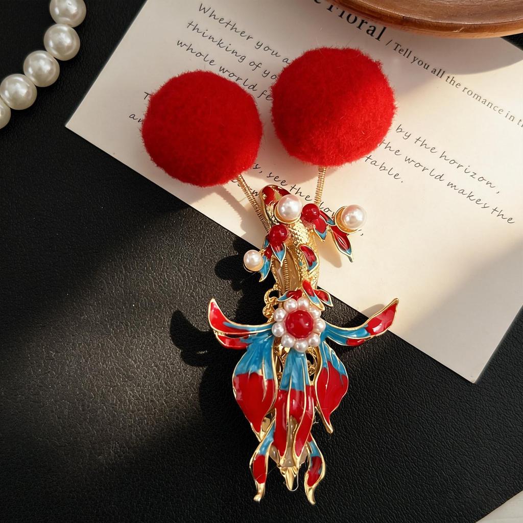 Ancient Style Hanfu Koi Pom-pom Children's Festive Red Hair Clips
