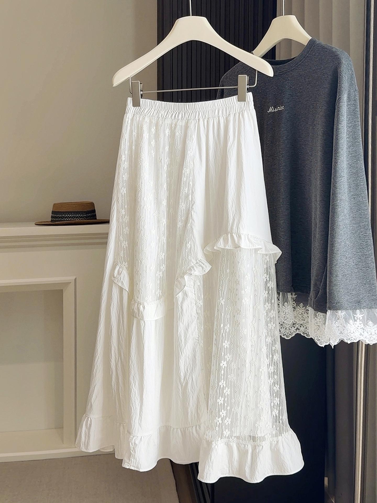 Women s Spring Irregular Lace Ruffle High-Waisted A-Line Skirt One Size белый