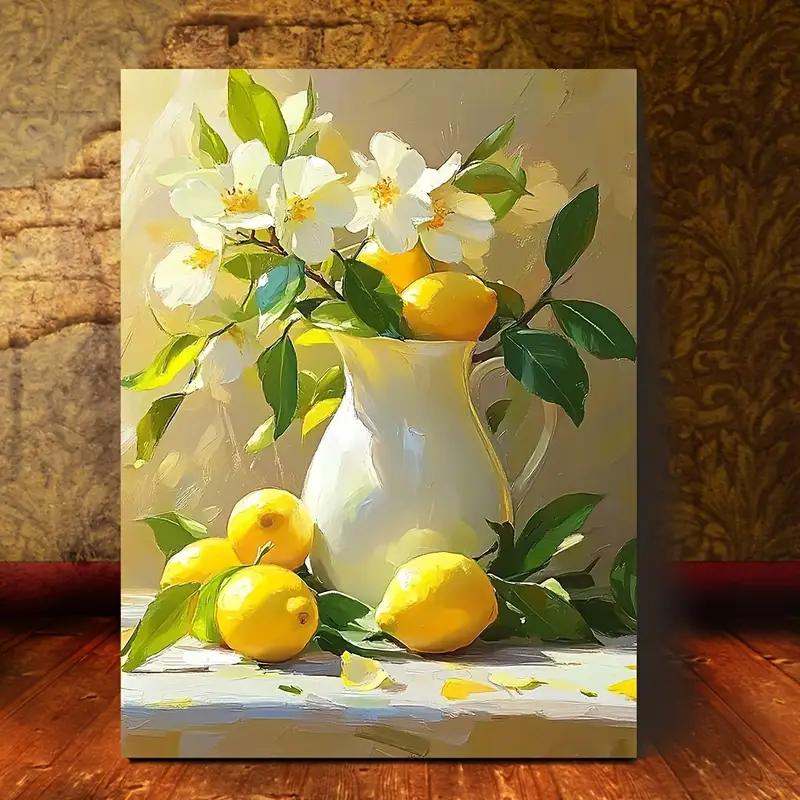 Vintage Lemon & White Flowers Canvas Wall Art for Living Room and Kitchen Decor, Perfect for Room Decor